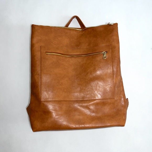 Vegan Leather Oversized Backpack- Convertible Laptop Travel Bag‎ Camel NEW - Picture 6 of 16